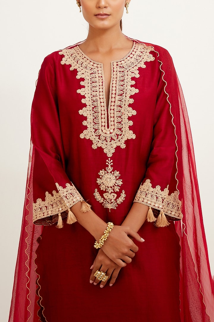 Maroon Chanderi Embroidered Kurta Set by Devnaagri at Pernia's Pop Up Shop