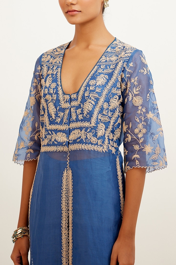Blue-Green Aster Chanderi Embroidered Kurta Set
