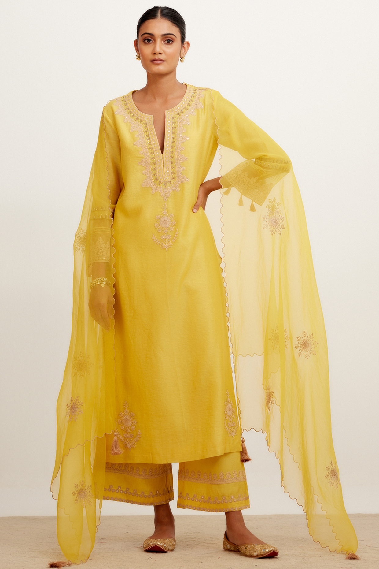 Mustard Embroidered Kurta Set by Devnaagri at Pernia's Pop Up Shop