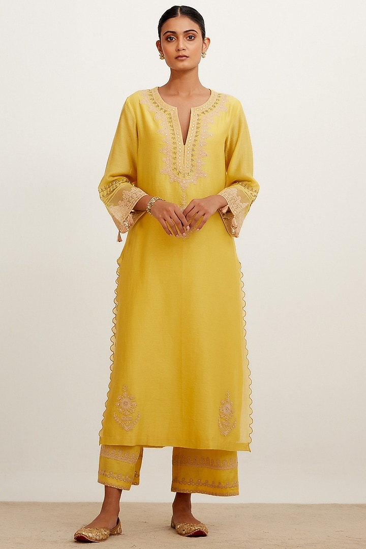 Mustard Embroidered Kurta Set by Devnaagri at Pernia's Pop Up Shop