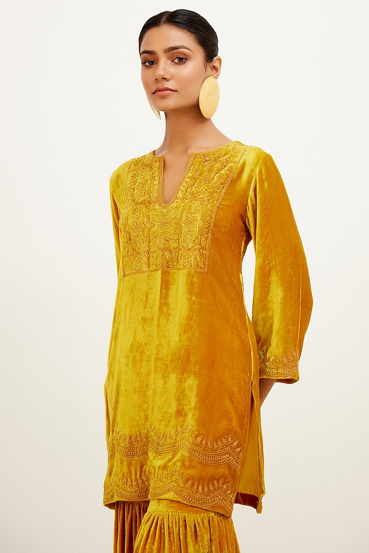 Mustard Velvet Wedding Sharara Set by Devnaagri at Pernia's Pop Up Shop