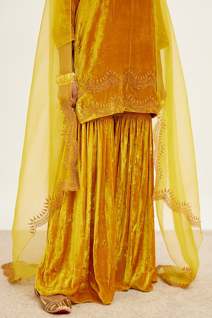 Mustard Velvet Wedding Sharara Set by Devnaagri at Pernia's Pop Up Shop