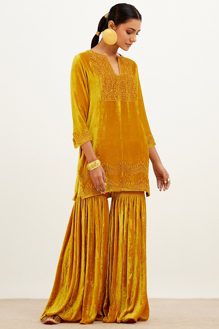 Mustard Velvet Wedding Sharara Set by Devnaagri at Pernia's Pop Up Shop