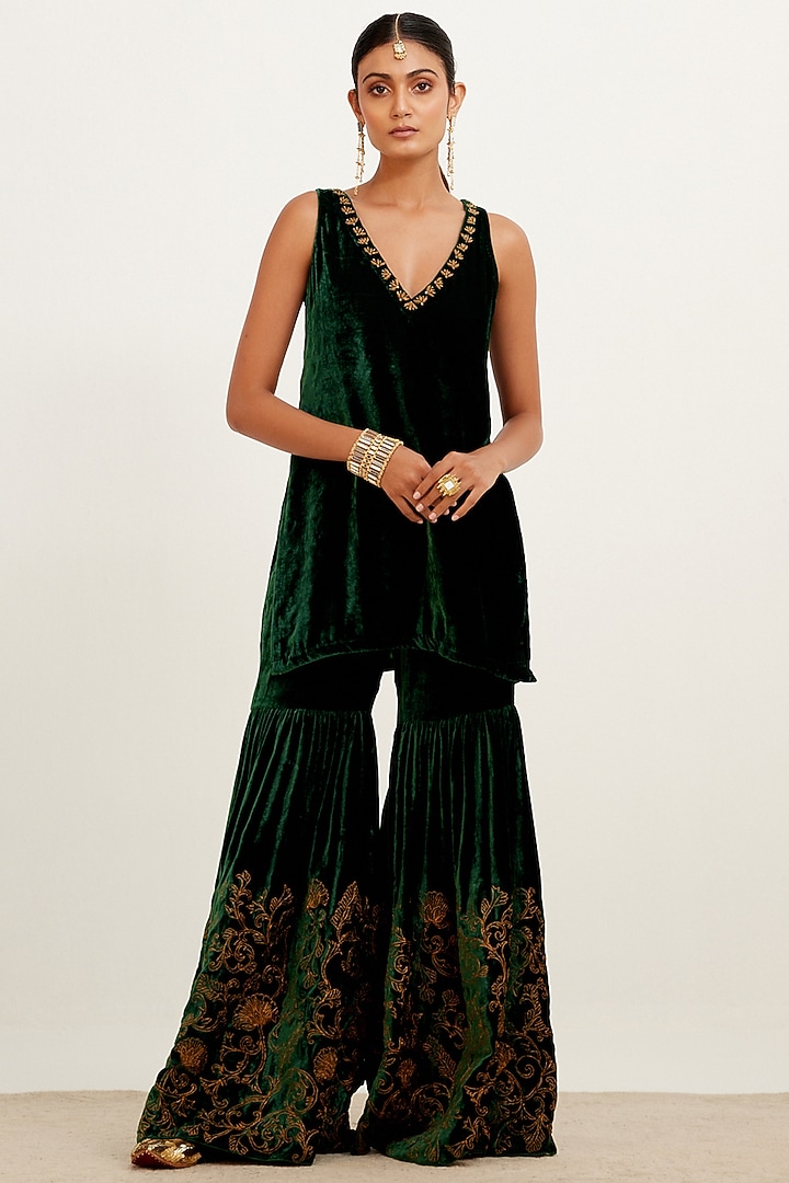 Bottle Green Velvet Wedding Sharara Set by Devnaagri at Pernia's Pop Up Shop