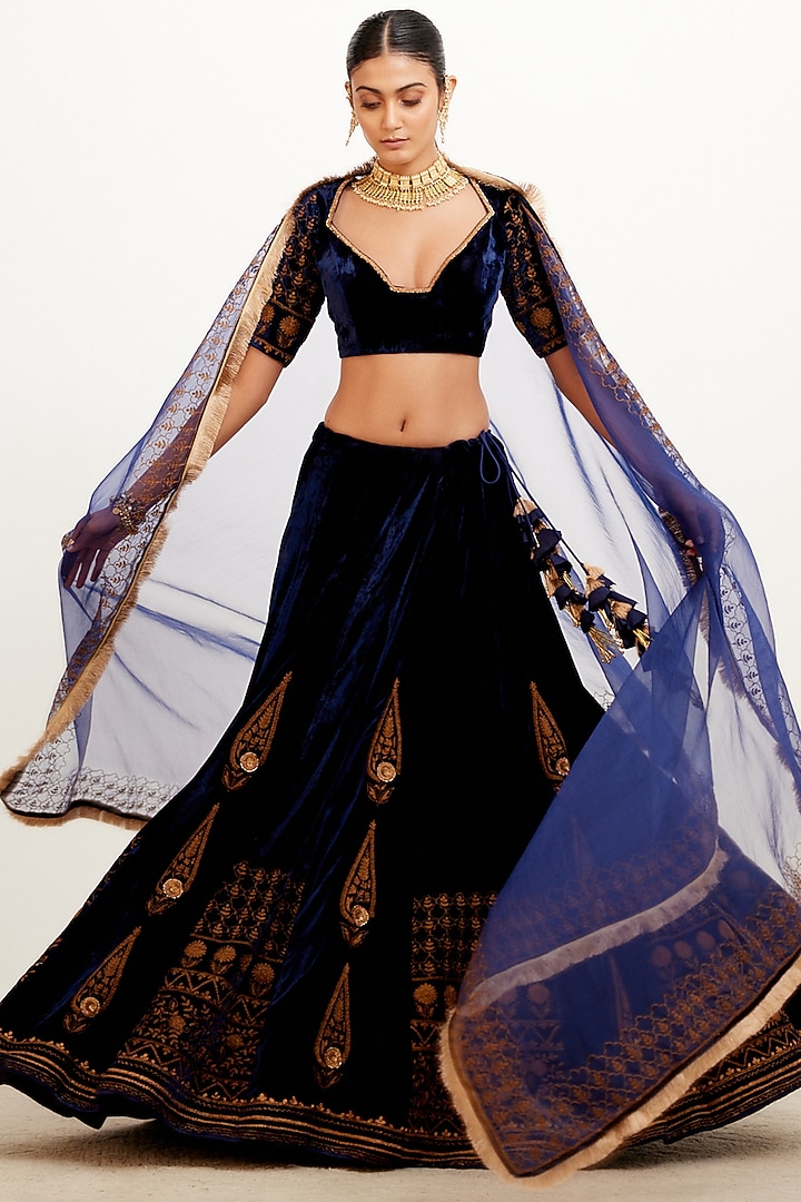 Navy Blue Embroidered Bridal Lehenga Set by Devnaagri at Pernia's Pop Up Shop