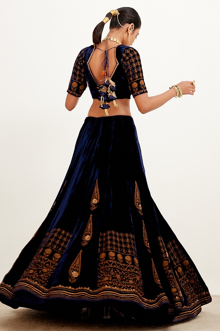 Navy Blue Embroidered Bridal Lehenga Set by Devnaagri at Pernia's Pop Up Shop