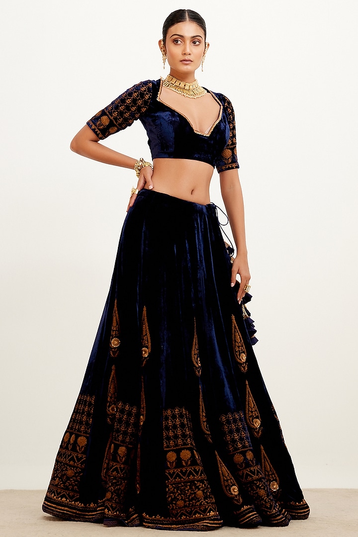Navy Blue Embroidered Bridal Lehenga Set by Devnaagri at Pernia's Pop Up Shop