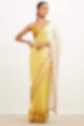 Yellow Silk Satin Saree Set by Devnaagri at Pernia's Pop Up Shop