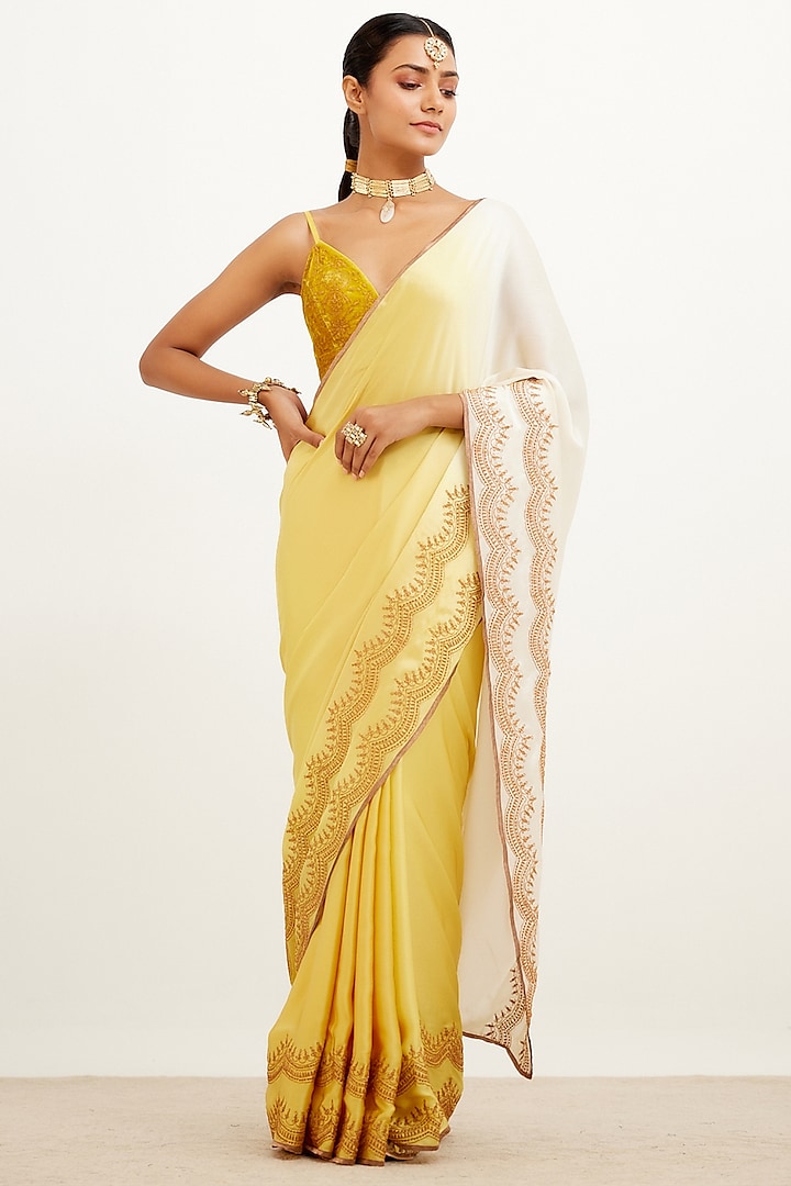 Yellow Silk Satin Saree Set by Devnaagri