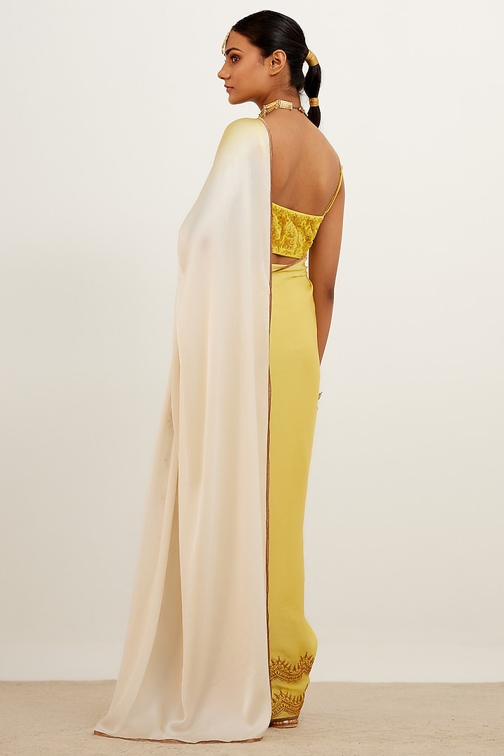 Yellow Silk Satin Wedding Saree Set by Devnaagri at Pernia's Pop Up Shop