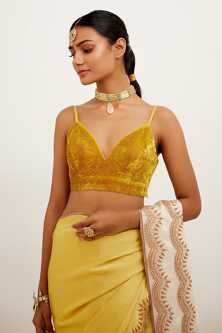 Yellow Silk Satin Wedding Saree Set by Devnaagri at Pernia's Pop Up Shop