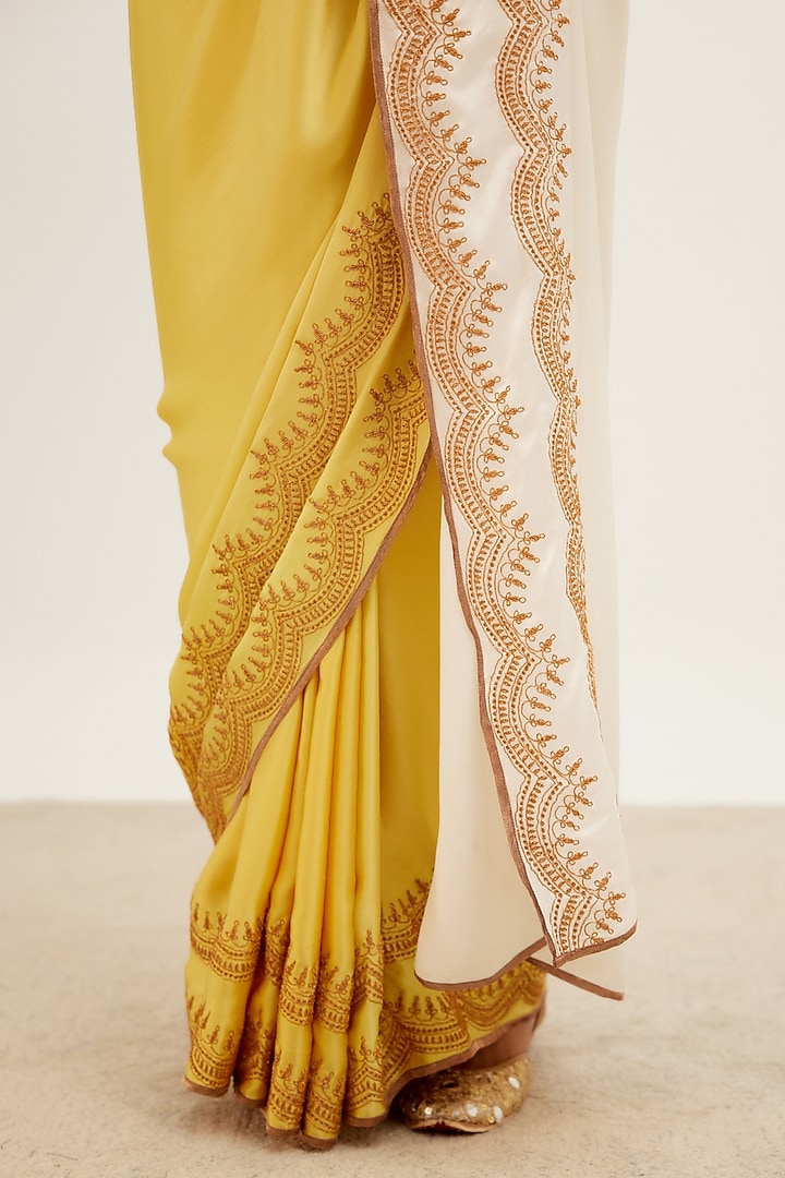 Yellow Silk Satin Wedding Saree Set by Devnaagri at Pernia's Pop Up Shop
