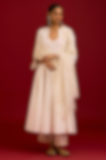 Ivory Cotton Silk Blend Dori Embroidered Wedding Anarkali Set by Devnaagri at Pernia's Pop Up Shop