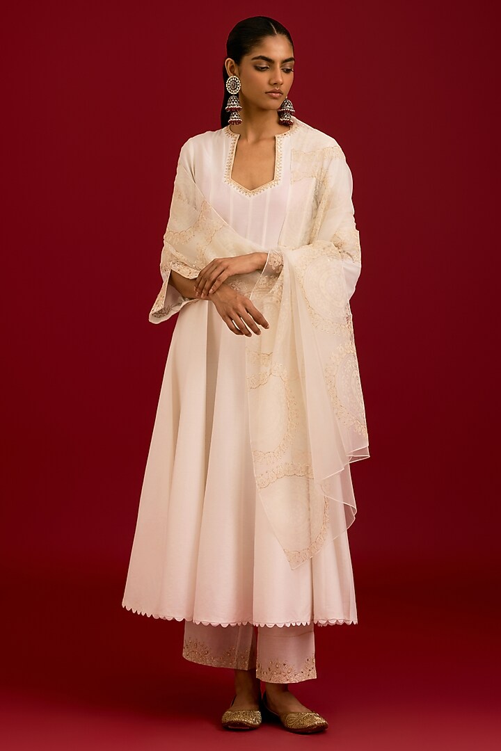 Ivory Cotton Silk Blend Dori Embroidered Wedding Anarkali Set by Devnaagri at Pernia's Pop Up Shop