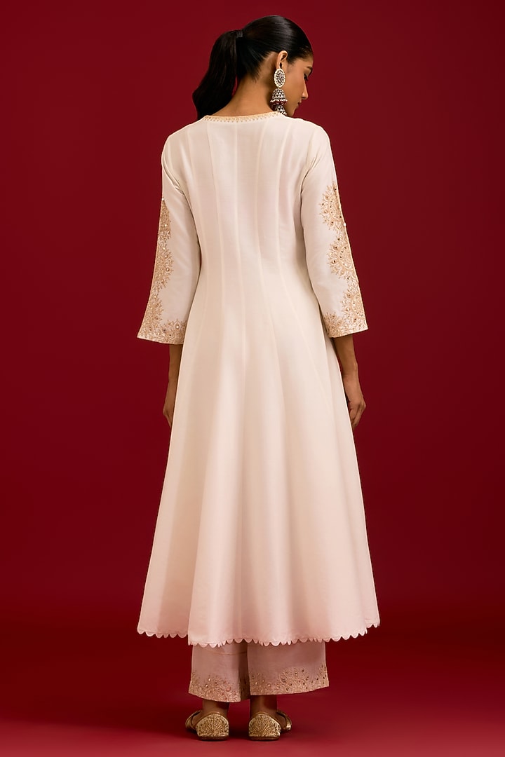 Ivory Cotton Silk Blend Dori Embroidered Wedding Anarkali Set by Devnaagri at Pernia's Pop Up Shop