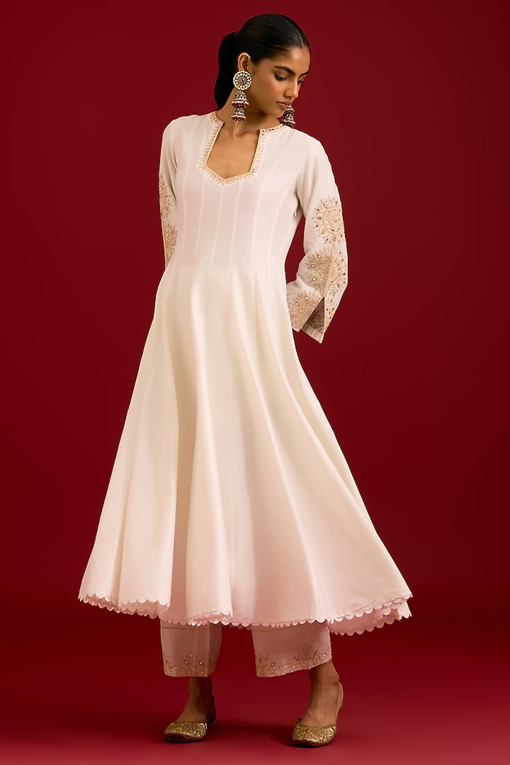 Ivory Cotton Silk Blend Dori Embroidered Wedding Anarkali Set by Devnaagri at Pernia's Pop Up Shop