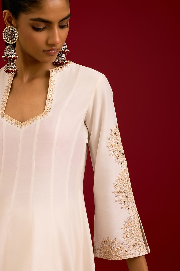 Ivory Cotton Silk Blend Dori Embroidered Wedding Anarkali Set by Devnaagri at Pernia's Pop Up Shop