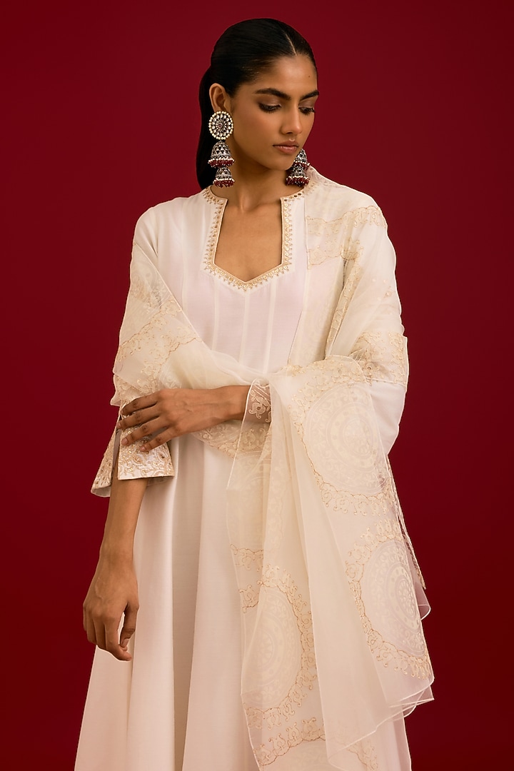 Ivory Cotton Silk Blend Dori Embroidered Wedding Anarkali Set by Devnaagri at Pernia's Pop Up Shop