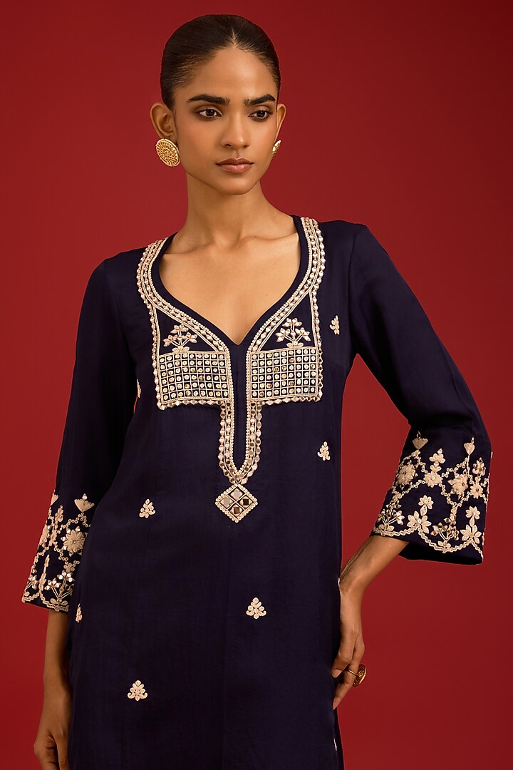 Navy Blue Cotton Silk Satin Mirror Embroidered Kurta Set by Devnaagri at Pernia's Pop Up Shop