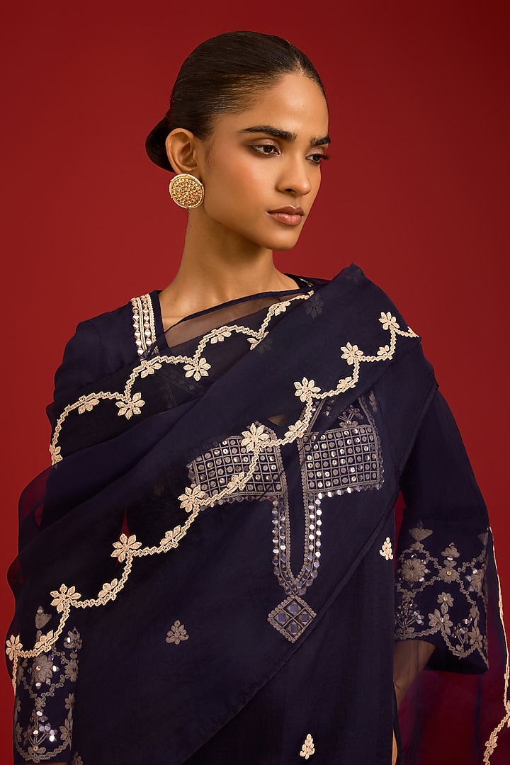 Navy Blue Cotton Silk Satin Mirror Embroidered Kurta Set by Devnaagri at Pernia's Pop Up Shop