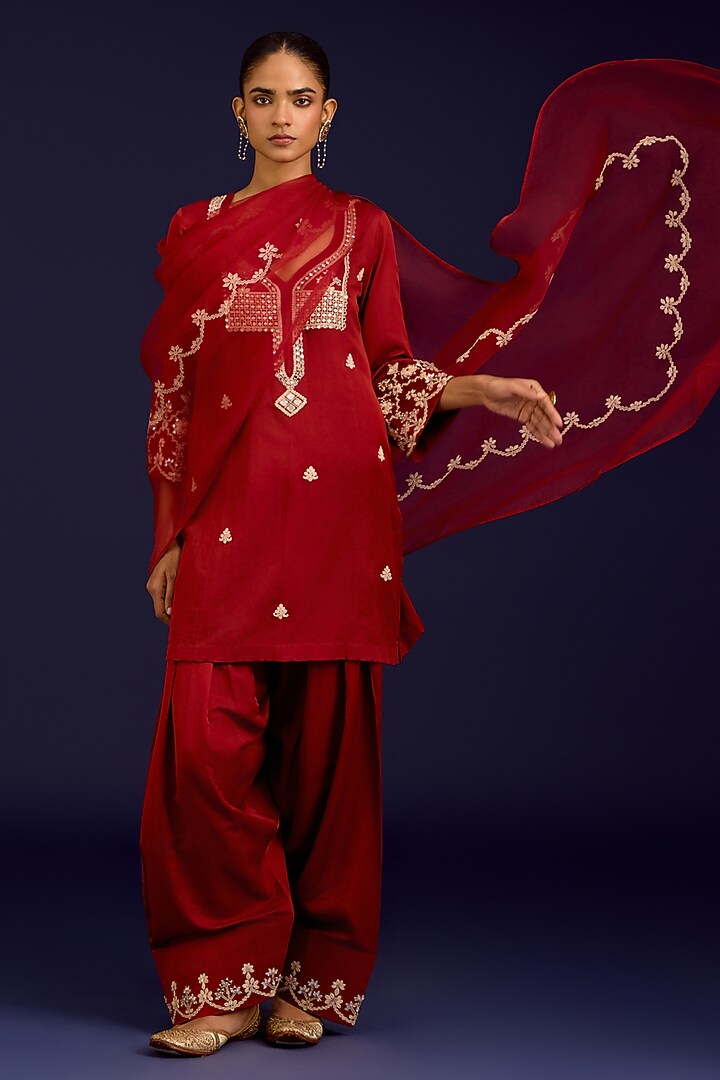 Rust Cotton Silk Satin Mirror Embroidered Kurta Set by Devnaagri at Pernia's Pop Up Shop