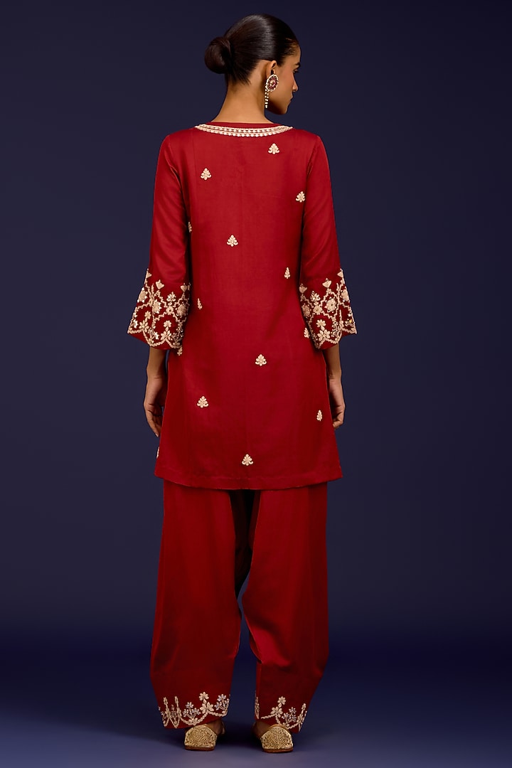Rust Cotton Silk Satin Mirror Embroidered Kurta Set by Devnaagri at Pernia's Pop Up Shop
