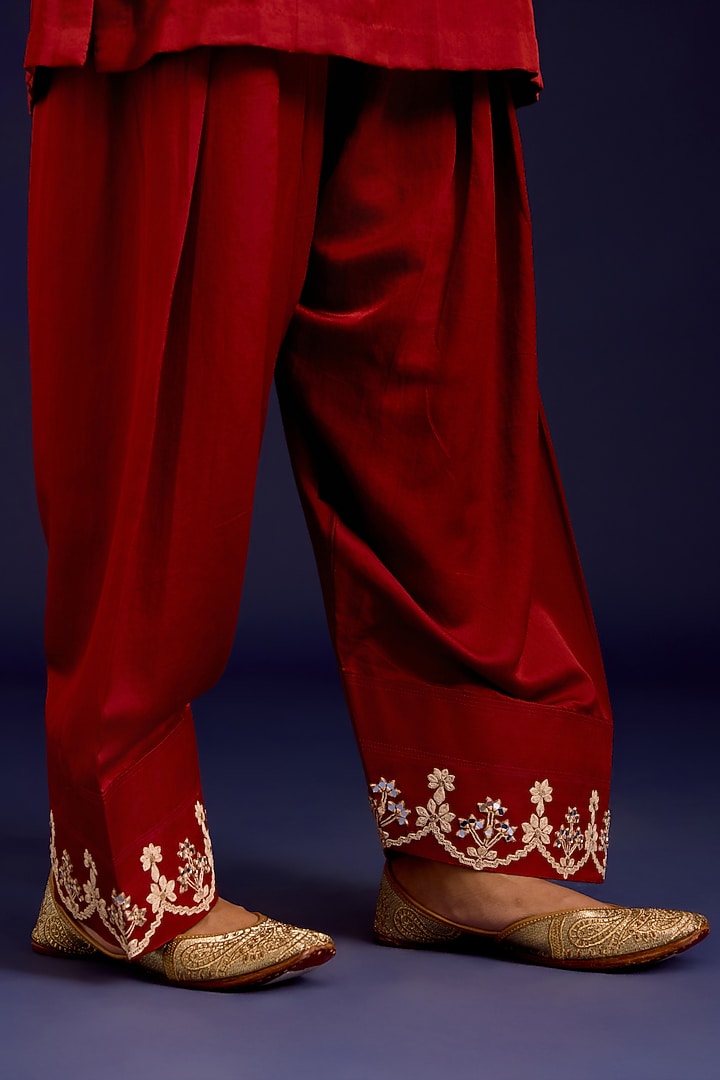 Rust Cotton Silk Satin Mirror Embroidered Kurta Set by Devnaagri at Pernia's Pop Up Shop