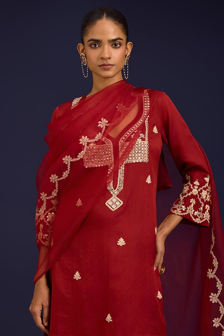 Rust Cotton Silk Satin Mirror Embroidered Kurta Set by Devnaagri at Pernia's Pop Up Shop