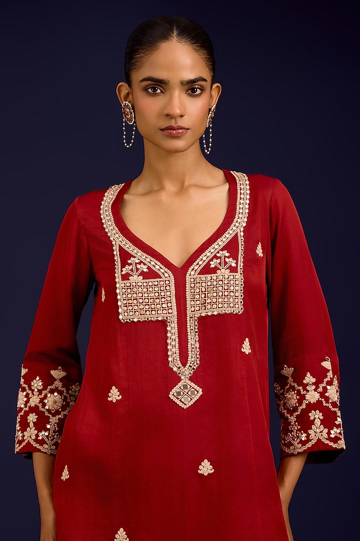 Rust Cotton Silk Satin Mirror Embroidered Kurta Set by Devnaagri at Pernia's Pop Up Shop
