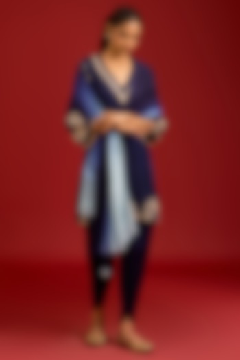 Navy Blue Cotton Silk Satin Mirror Embroidered Kurta Set by Devnaagri at Pernia's Pop Up Shop