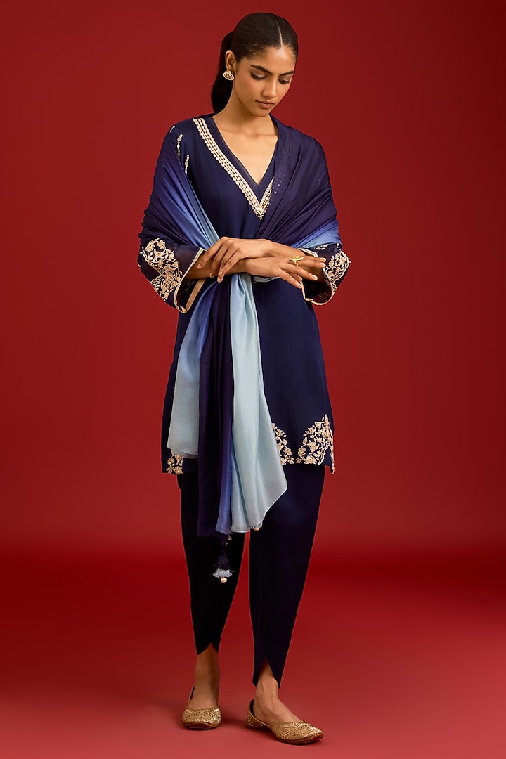 Navy Blue Cotton Silk Satin Mirror Embroidered Kurta Set by Devnaagri at Pernia's Pop Up Shop