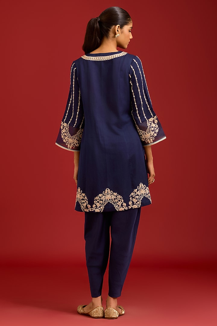 Navy Blue Cotton Silk Satin Mirror Embroidered Kurta Set by Devnaagri at Pernia's Pop Up Shop