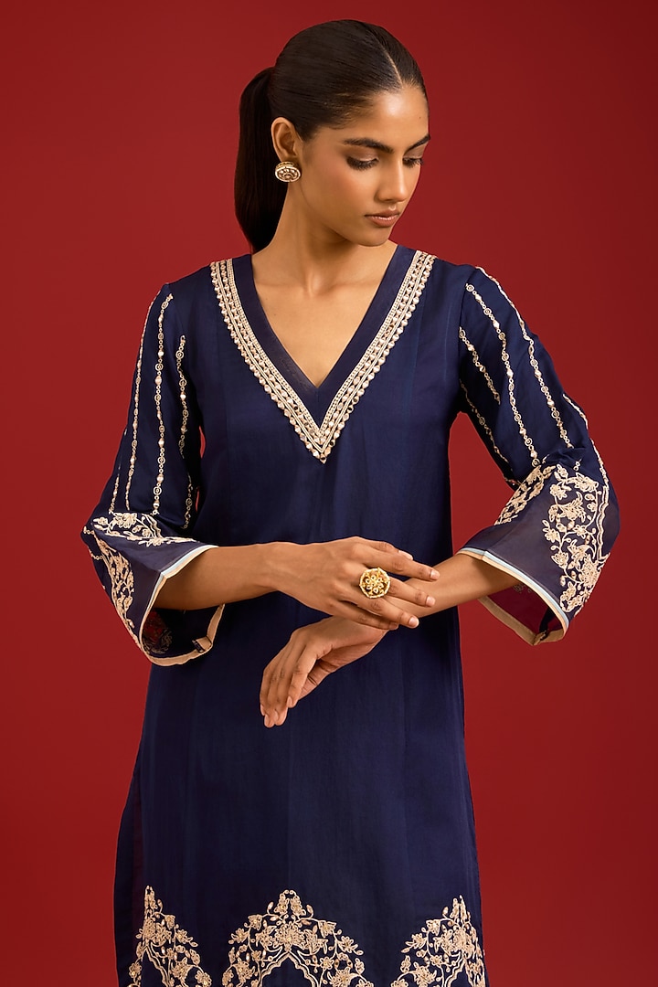 Navy Blue Cotton Silk Satin Mirror Embroidered Kurta Set by Devnaagri at Pernia's Pop Up Shop