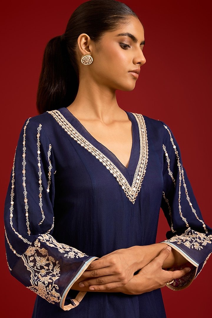 Navy Blue Cotton Silk Satin Mirror Embroidered Kurta Set by Devnaagri at Pernia's Pop Up Shop