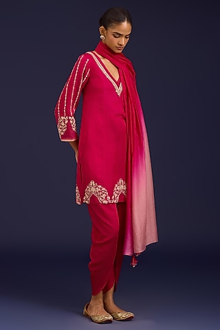 Fuchsia Pink Cotton Silk Satin Sequins Embroidered Kurta Set by Devnaagri