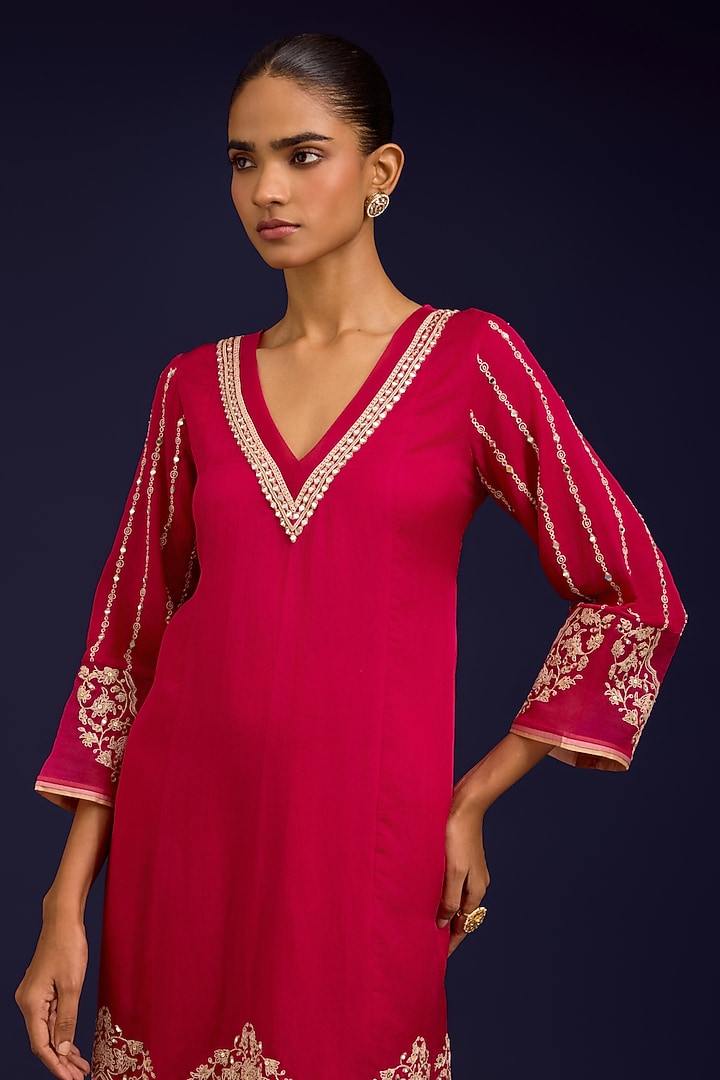 Fuchsia Pink Cotton Silk Satin Sequins Embroidered Kurta Set by Devnaagri at Pernia's Pop Up Shop