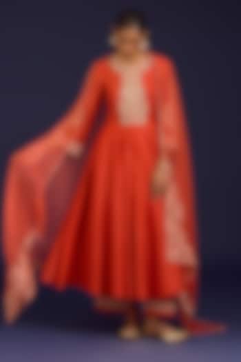 Orange Silk Chanderi Sequins Embroidered Wedding Anarkali Set by Devnaagri at Pernia's Pop Up Shop