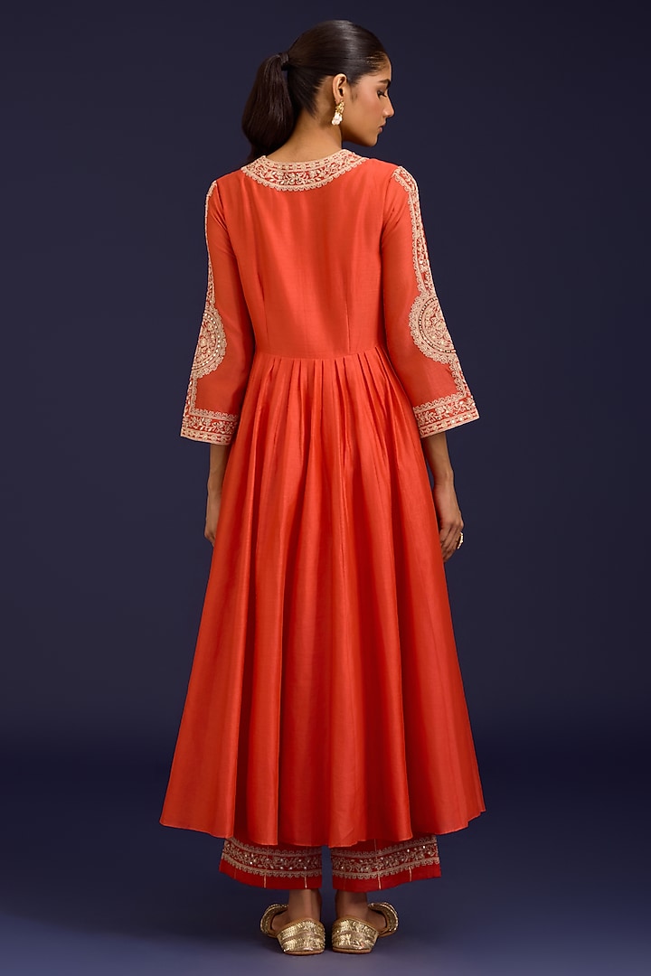 Orange Silk Chanderi Sequins Embroidered Wedding Anarkali Set by Devnaagri at Pernia's Pop Up Shop