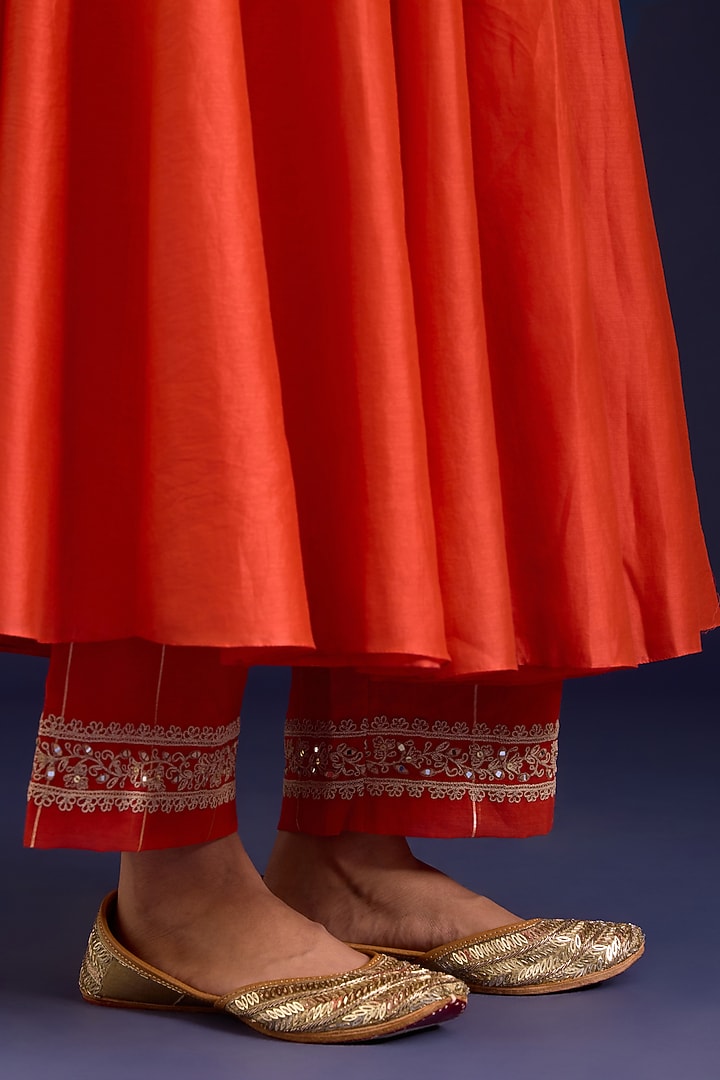 Orange Silk Chanderi Sequins Embroidered Wedding Anarkali Set by Devnaagri at Pernia's Pop Up Shop