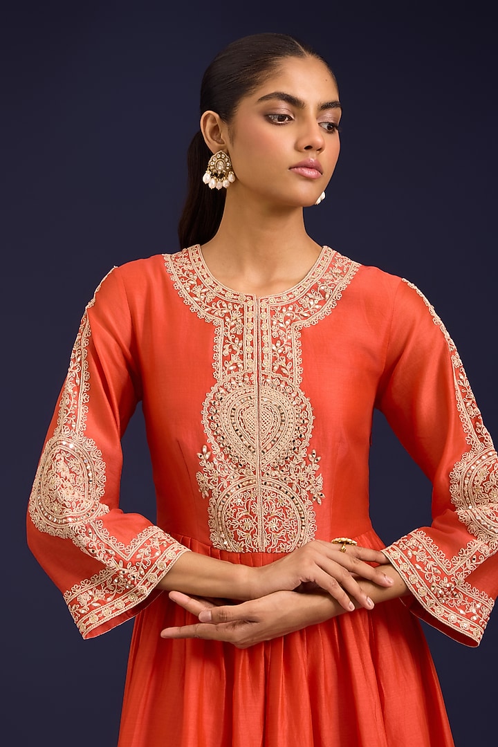 Orange Silk Chanderi Sequins Embroidered Wedding Anarkali Set by Devnaagri at Pernia's Pop Up Shop