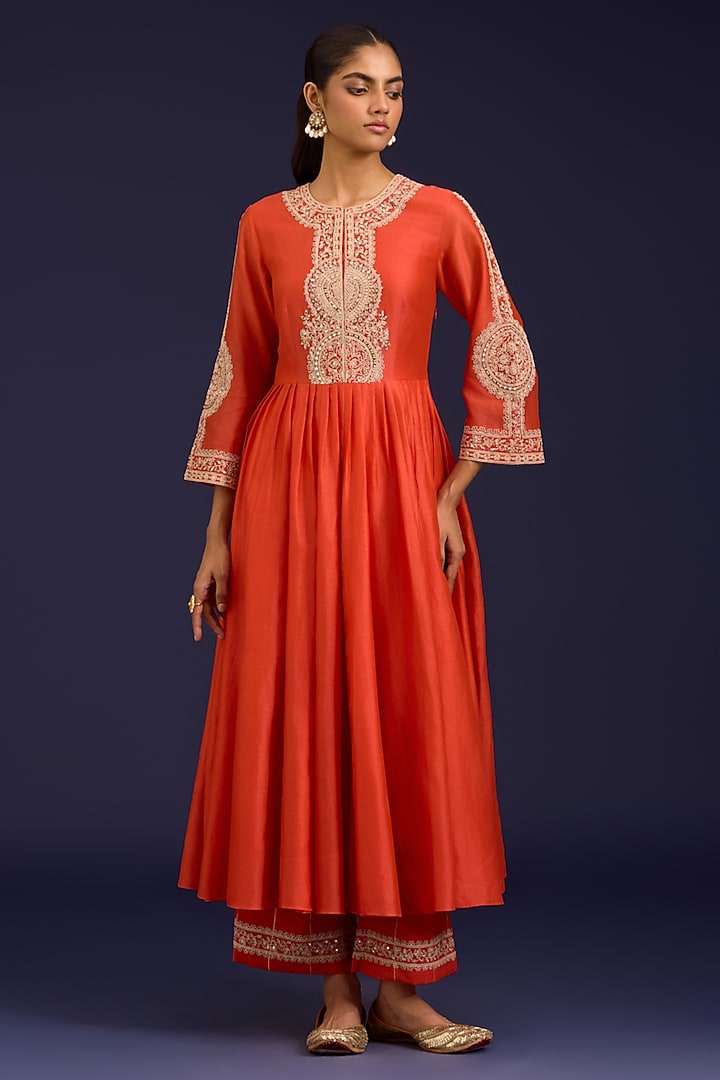Orange Silk Chanderi Sequins Embroidered Wedding Anarkali Set by Devnaagri at Pernia's Pop Up Shop