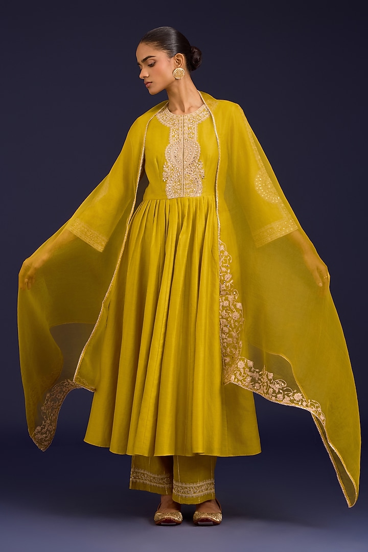 Mustard Silk Chanderi Sequins Embroidered Wedding Anarkali Set by Devnaagri at Pernia's Pop Up Shop