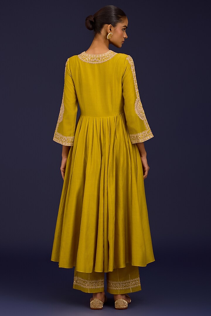 Mustard Silk Chanderi Sequins Embroidered Wedding Anarkali Set by Devnaagri at Pernia's Pop Up Shop