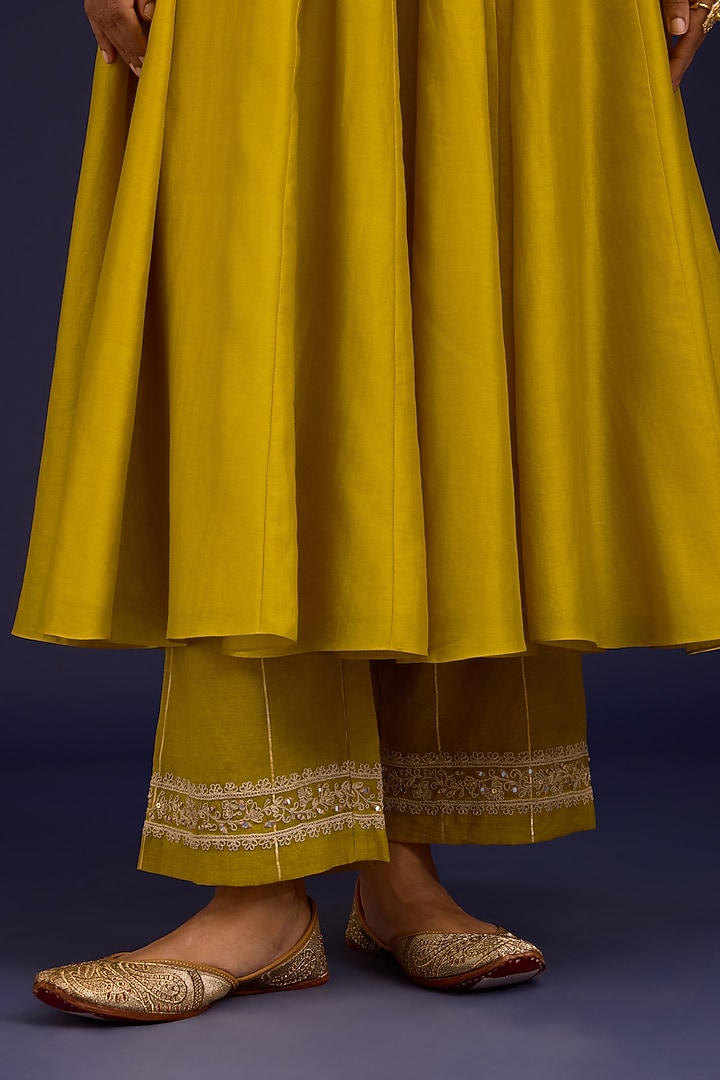 Mustard Silk Chanderi Sequins Embroidered Wedding Anarkali Set by Devnaagri at Pernia's Pop Up Shop