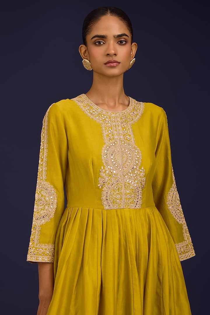Mustard Silk Chanderi Sequins Embroidered Wedding Anarkali Set by Devnaagri at Pernia's Pop Up Shop