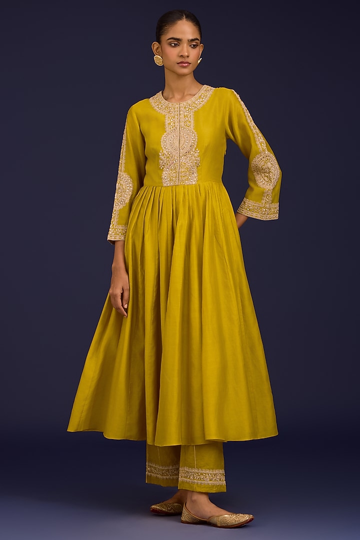 Mustard Silk Chanderi Sequins Embroidered Wedding Anarkali Set by Devnaagri at Pernia's Pop Up Shop