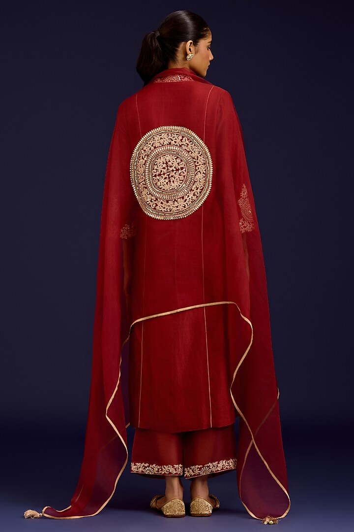 Rust Chiniya Silk Mirror Embroidered Kurta Set by Devnaagri at Pernia's Pop Up Shop