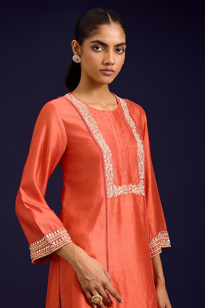 Orange Chiniya Silk Mirror Embroidered Kurta Set by Devnaagri at Pernia's Pop Up Shop
