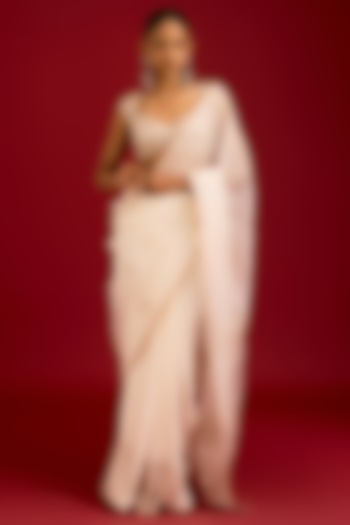 Ivory Modal Satin & Silk Organza Embroidered Wedding Saree Set by Devnaagri at Pernia's Pop Up Shop