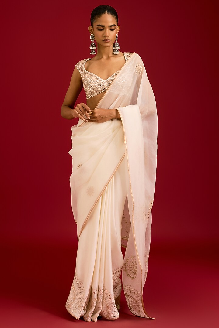 Ivory Modal Satin & Silk Organza Embroidered Wedding Saree Set by Devnaagri at Pernia's Pop Up Shop
